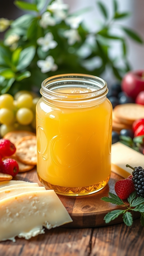 Parmesan Cheese Jelly Recipe A jar of Parmesan cheese jelly on a wooden table with cheese, crackers, and fruits.